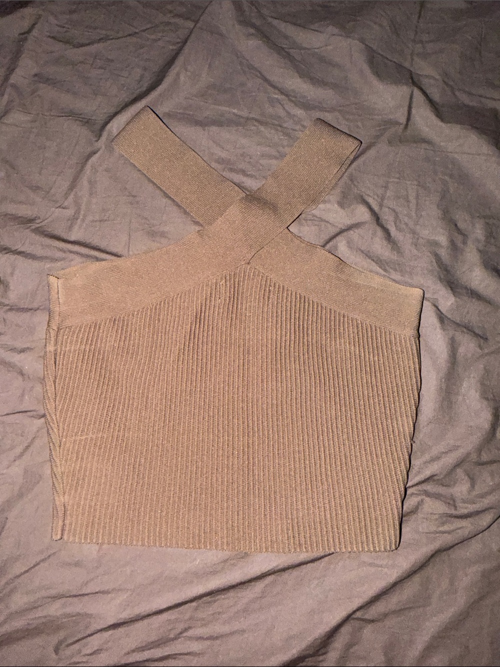 Ribbed Cross-Back Knit Crop Top in brown